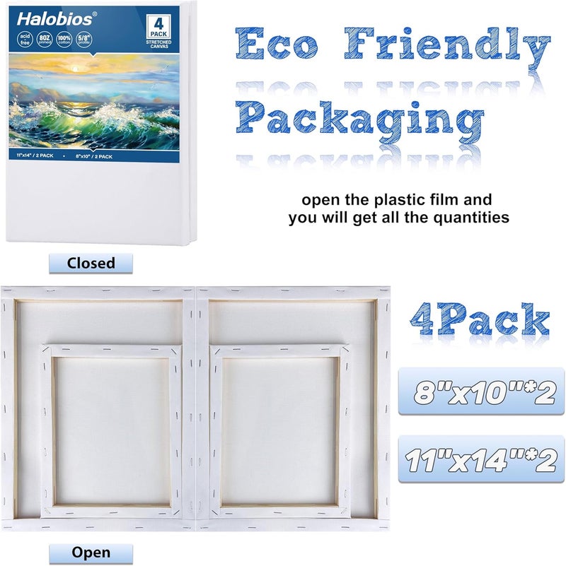 Halobios 4 Packs Blank Canvases for Painting with 8x10in,11x14in(2 of Each), Stretched Canvases for Acrylics, Oils & Other Painting Media, 100% Cotton, 5/8 Inch Profile of Super Value Canvas Pack - Image 2